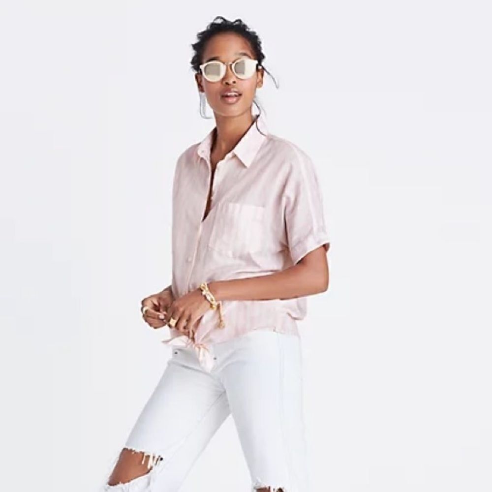 Madewell Short Sleeve Tie-Front Shirt in Pink Stripe